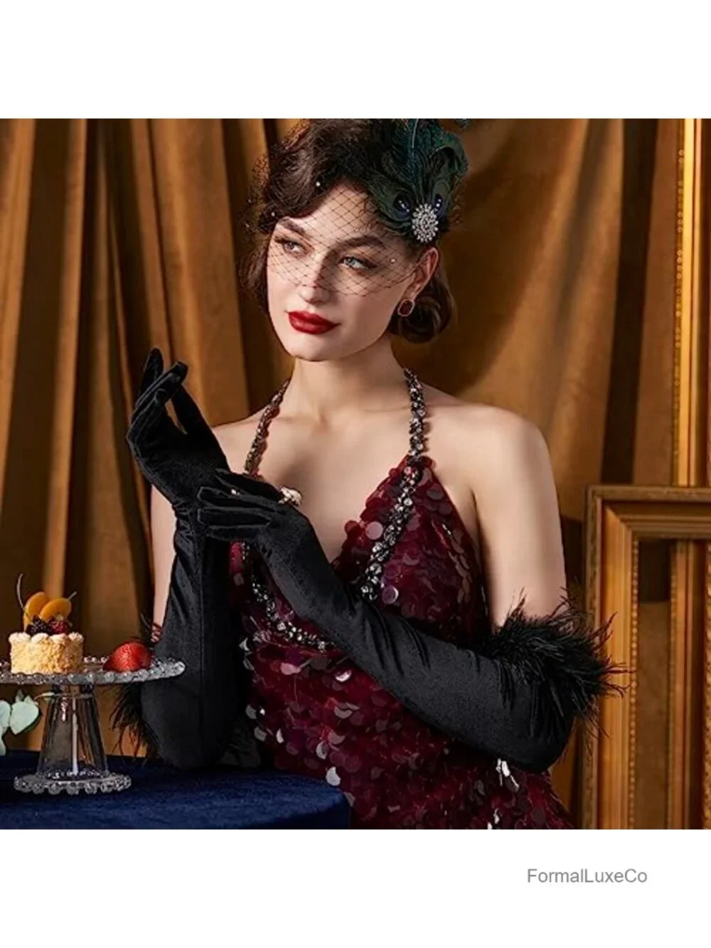 Long Satin Opera Gloves for Women with Ostrich Feather Trim Stretchy